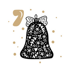 Advent calendar with cute scandinavian hand drawn vector. Twenty-four days before Christmas ethno. Seventh Day. Winter Illustration of Bell