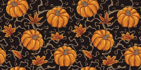 Halloween autumn seamless pattern with pumpkin, branchs and orange foliage for happy halloween background or october design