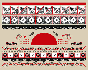 Mezen Russian craft style artwork with fish and folk ornaments