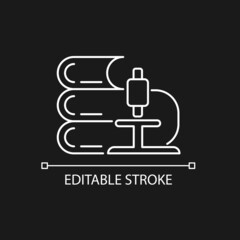 Science white linear icon for dark theme. Microscope, books. Learning through experimentation. Thin line customizable illustration. Isolated vector contour symbol for night mode. Editable stroke