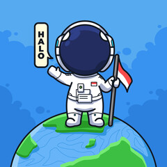 Little Astronaut on the moon with rocket and pieces of equipment cute line art illustration