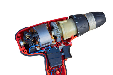 electric drill repair,electric screwdriver motor, broken drill on a white background