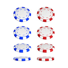 Poker chips in different position. Color red and blue casino chips isolated on white background. Vector