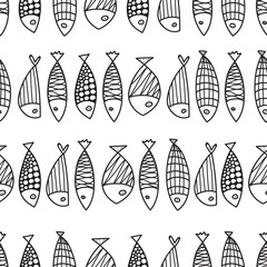 Cute line  fish. Cute flowers. Kids background. Seamless pattern. Can be used in textile industry, paper, background, scrapbooking.