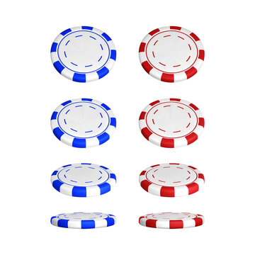 Poker chips in different position. Color red and blue casino chips isolated on white background. Vector