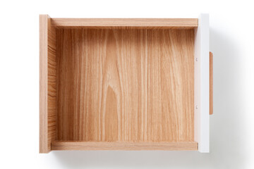 Empty wooden drawer isolated on white background. Top view.