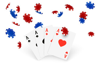 Casino banner or 3d design element. Fallinf poker chips and playing cards. Vector