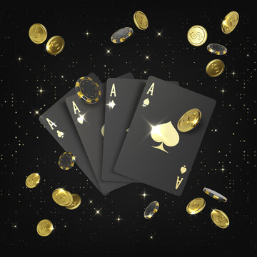 Casino big win poster. Black 3d playing cards aces and falling golden coin and poker chips. Design element for gambling banner. Vector