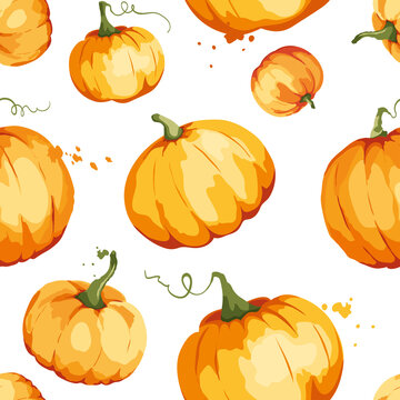 Seamless pattern with watercolor pumpkins. Vector illustration in watercolor painting style. Background for Thanksgiving Day or harvest festival.