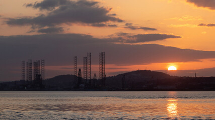power station at sunset
