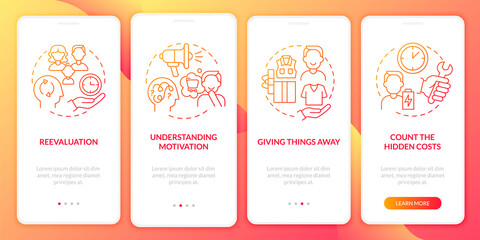 Challenging consumerism red gradient onboarding mobile app page screen. Walkthrough 4 steps graphic instructions with concepts. UI, UX, GUI vector template with linear color illustrations