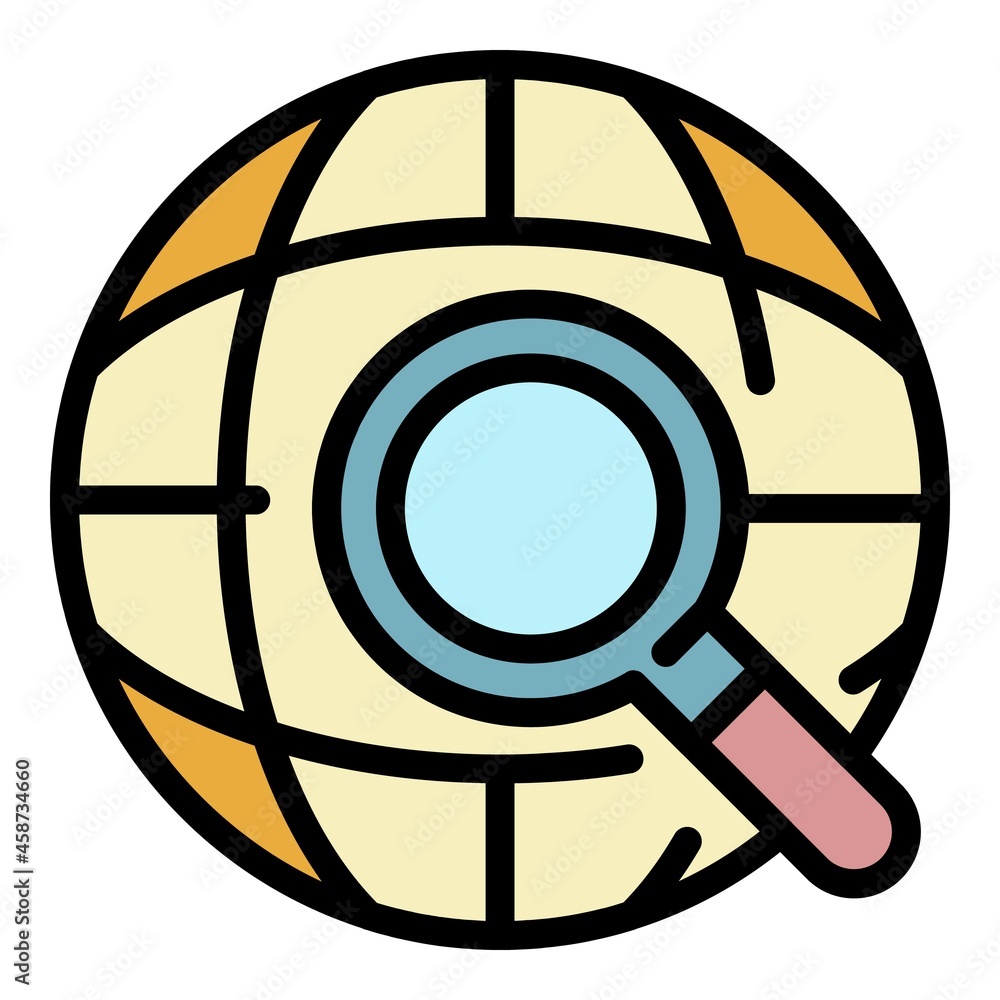 Poster globe and magnifier icon. outline globe and magnifier vector icon color flat isolated