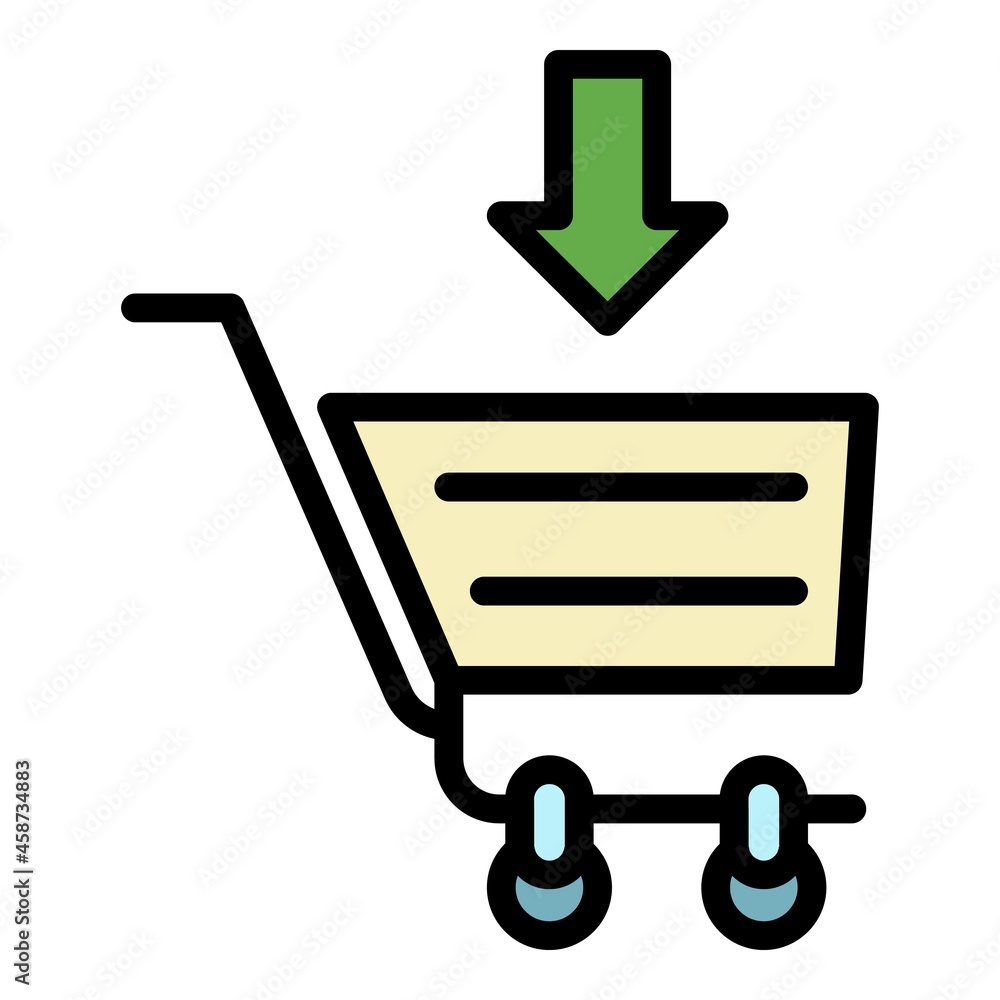 Poster shopping cart and arrow icon. outline shopping cart and arrow vector icon color flat isolated