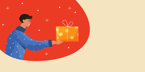 Male character giving a present banner. Celebrating Merry Christmas. Vector illustration cartoon flat style.