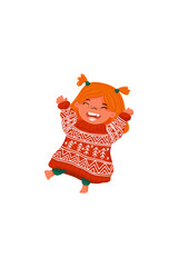 Cute happy kid in ugly sweater dancing at the Christmas party. Little funny girl jumping in a colorful cozy jumper on Xmas day.