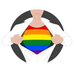 lgbt person tearing white shirt to reveal pride flag on chest