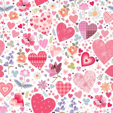 Beautiful seamless pattern with hearts, flowers and leaves. Cute print for Valentines day.