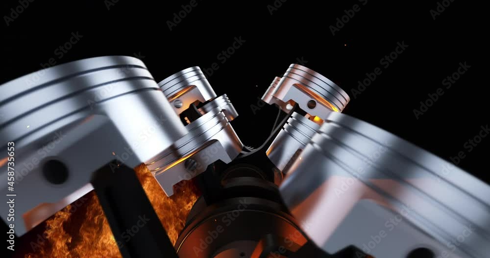 Aufkleber High Tech V8 Diesel Engine In Motion With Explosions. Perfect Loop. Industry And Technology Concept.