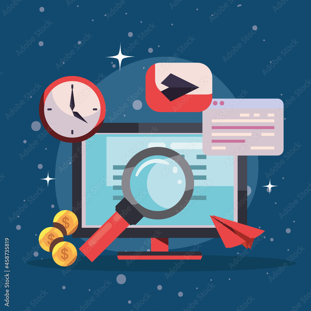 Poster computer with lupe and icons