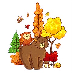 Autumn print with bear and owl in forest. Hand drawn vector illustration. Can be used for t-shirt print, kids wear fashion design.