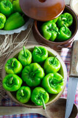 bell pepper, pepper, green pepper in pot and plate on table