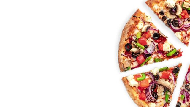 frame made with slices of fresh round pizza with chicken meat, vegetables, mushrooms and cheese rotating top view on a white and gray background with natural shadow, copy space