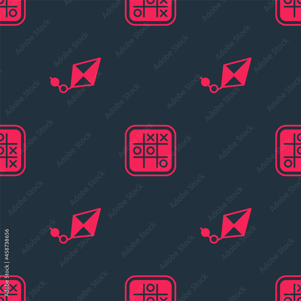 Poster set kite and tic tac toe game on seamless pattern. vector