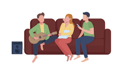 Friends listen to music semi flat color vector characters