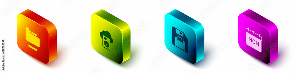 Poster set isometric document folder, cloud database, floppy disk and calendar icon. vector