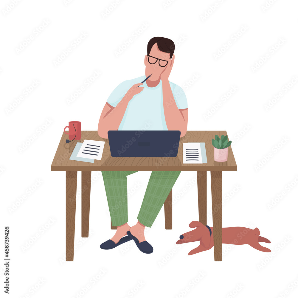 Poster writer at computer semi flat color vector character