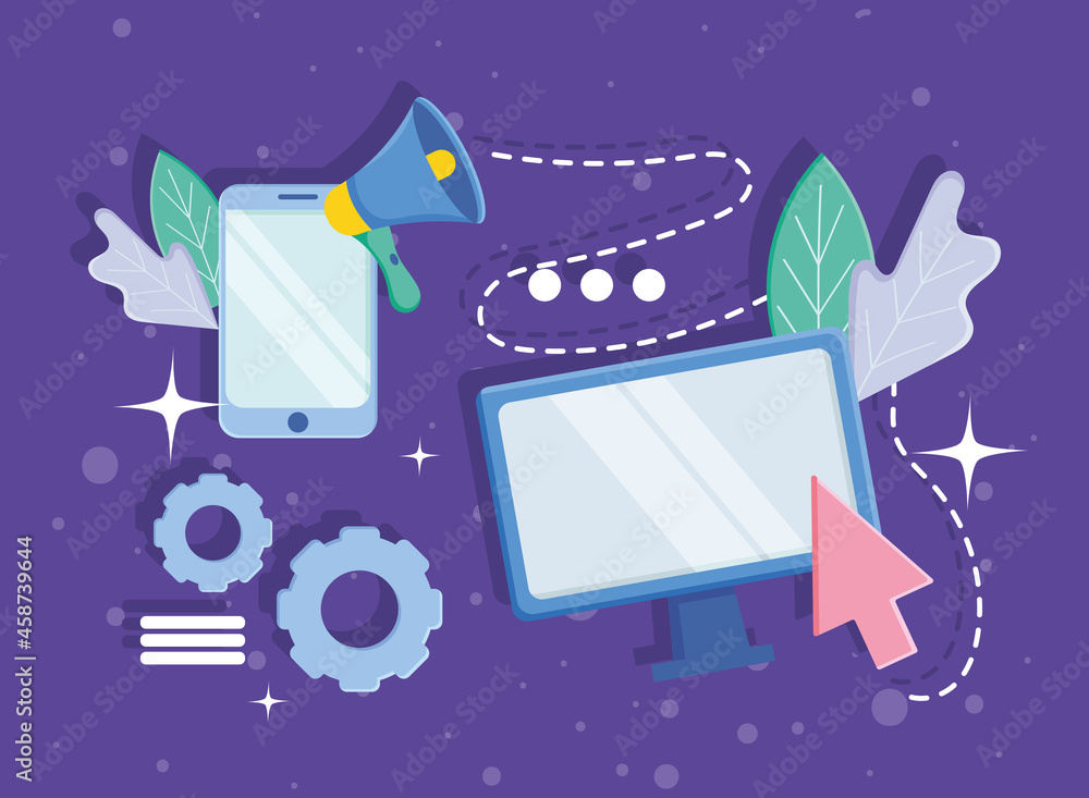 Poster computer and smartphone with icons