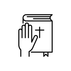 Oath thin line icon, human hand on Bible. Promise, truth. Vector illustration.