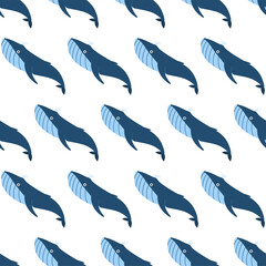Sea animal seamless pattern with blue whale. Undersea world habitants print. Hand drawn underwater life vector illustration. Funny cartoon marine animals character for kid fabric, textile.