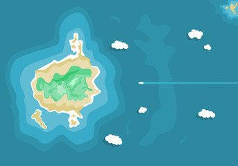 Island in blue ocean sea with tourist boat in summer season top view flat vector.