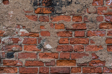 Texture of an old exterior unever brickwork surface made of red bricks. Bricks are aged and weathered with mold, crumbled mortar and numerous cracks.