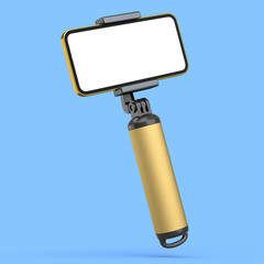 Realistic smartphone with blank white screen and selfie stick isolated on blue