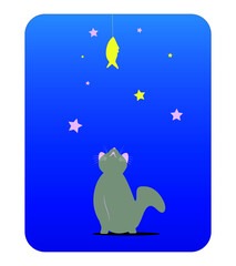 A dreamy kitten sees a fish among the night stars. Cute Editable Vector illustration. 