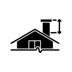 Minimum chimney height black glyph icon. Building requirements. Installing flue in residential property. Properly sized structure. Silhouette symbol on white space. Vector isolated illustration