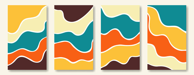 Set of vertical abstract backgrounds, wave shapes in vintage retro palette covering on a white backdrop. Flat simple design for social media posting and print.