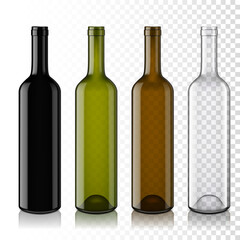 Set of transparent empty wine bottles, isolated.