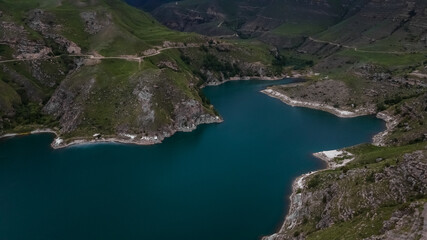 Emerald Water of Mountain Lake Gijgit in Kabardino-Balkaria, Russia. Aerial View