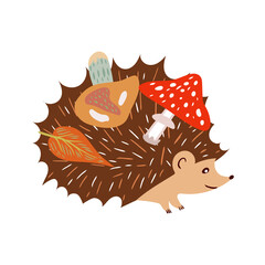 Autumn elements in warm colors with a hedgehog carrying mushrooms. Vector design for autumn card, poster, logo, print, etc. 
