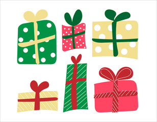  set of christmas gift boxes in hand-drawn style. 