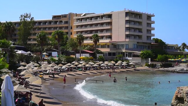 HERSONISOS, GREECE - Aug 09, 2021: The Starbeach in Hersonisos, Crete, with a private beach and seacoast and a hotel