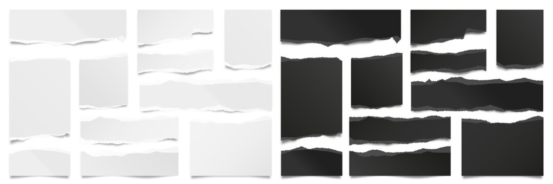Ripped paper strips. Realistic black and white paper scraps with torn edges. Sticky notes, shreds of notebook pages. Vector illustration.