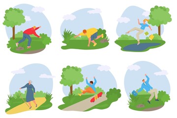 Falling people, vector illustration, man woman character fall down outdoor at park, young person tripped over stone, slip at puddle.