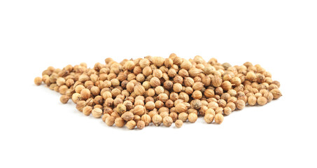 Heap of dried coriander seeds on white background