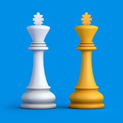 Yellow duotone chess piece king on blue background. 3d illustration.