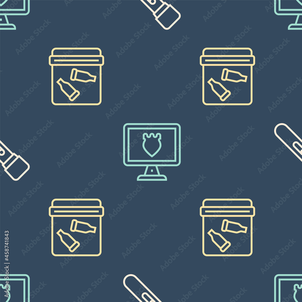 Poster set line flashlight, evidence bag with bullet and police database on seamless pattern. vector