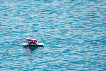 catamaran sails on the sea. top view